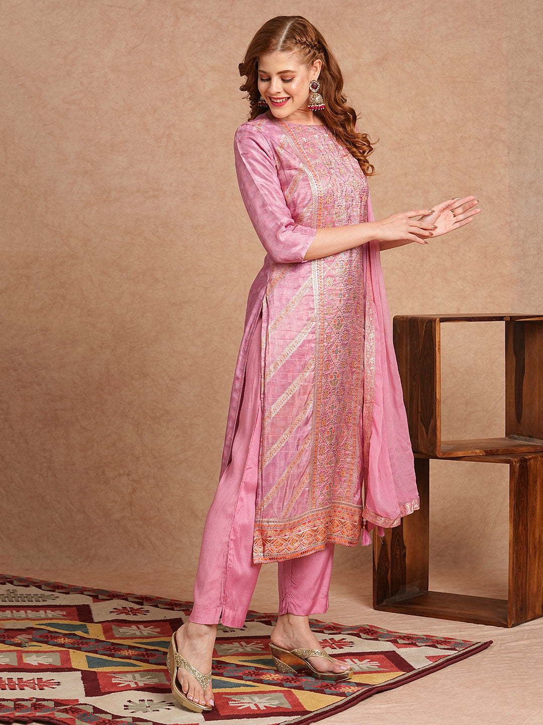 Ethnic Jacquard Woven & Embroidered Straight Fit Kurta with Pant and Dupatta - Pink