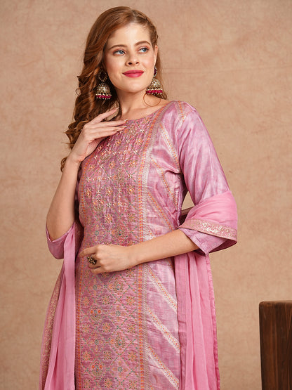 Ethnic Jacquard Woven & Embroidered Straight Fit Kurta with Pant and Dupatta - Pink