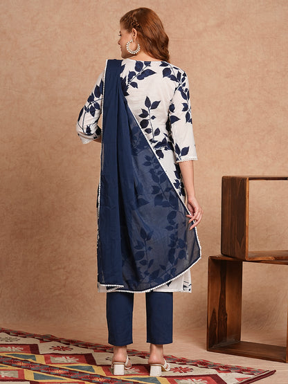 Floral Printed & Embroidered Straight Kurta with Pant & Dupatta - Off White