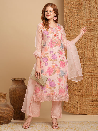 Floral Printed & Embroidered Straight Kurta with Pant & Organza Dupatta - Pink