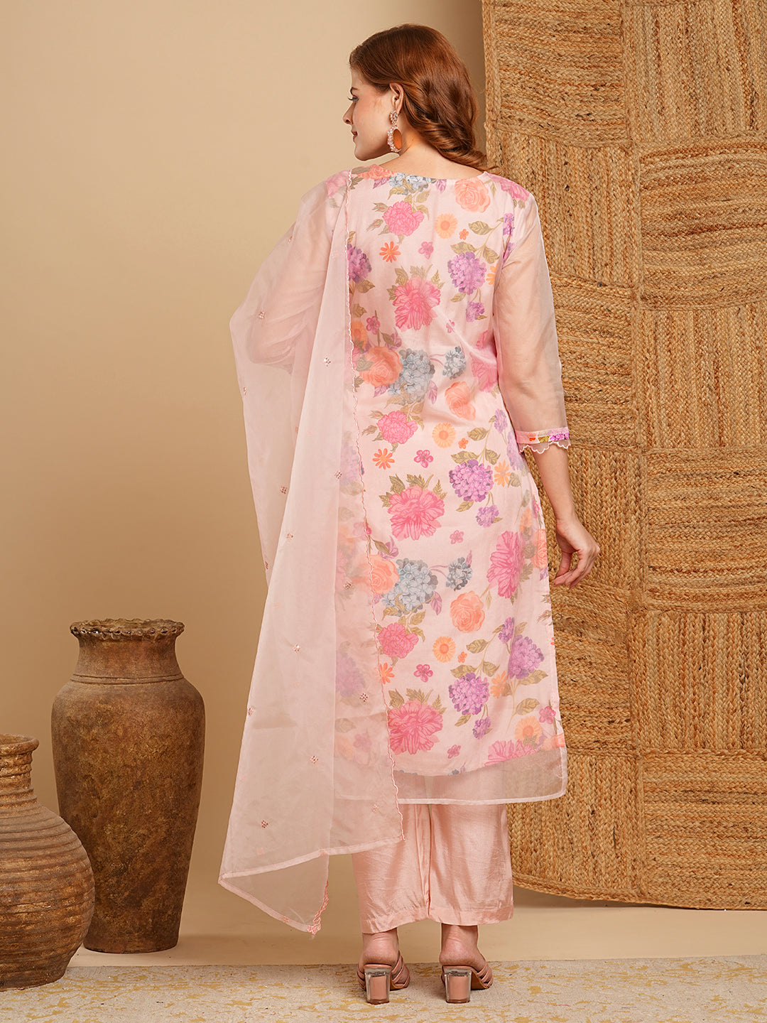 Floral Printed & Embroidered Straight Kurta with Pant & Organza Dupatta - Pink