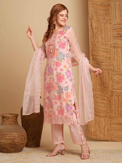 Floral Printed & Embroidered Straight Kurta with Pant & Organza Dupatta - Pink