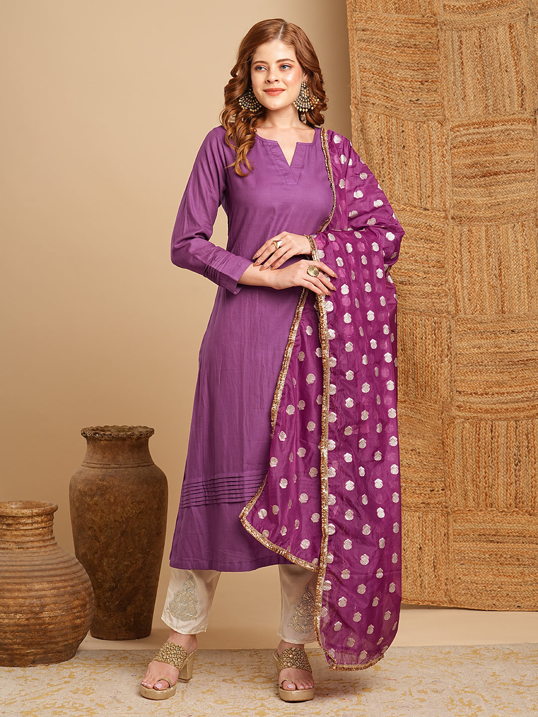 Solid Pin Tucked A-Line Kurta with Pant and Jacquard Organza Dupatta - Purple