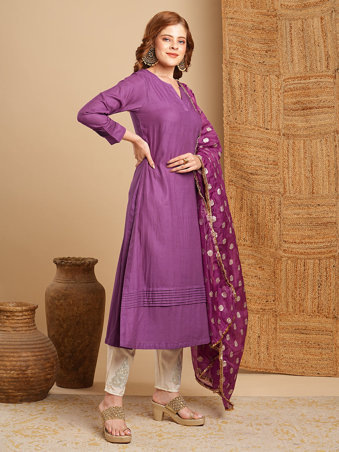 Solid Pin Tucked A-Line Kurta with Pant and Jacquard Organza Dupatta - Purple