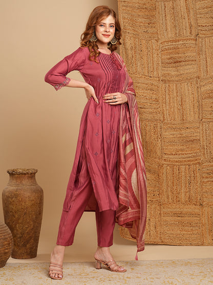 Solid Pin Tucked Schiffli Embroidered A-Line Kurta with Pant and Dupatta - Rose Gold