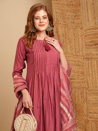 Solid Pin Tucked Schiffli Embroidered A-Line Kurta with Pant and Dupatta - Rose Gold