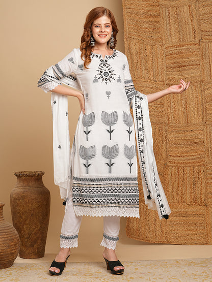 Solid Ethnic Woven & Mirror Embroidered Straight Kurta with Pant & Dupatta - White