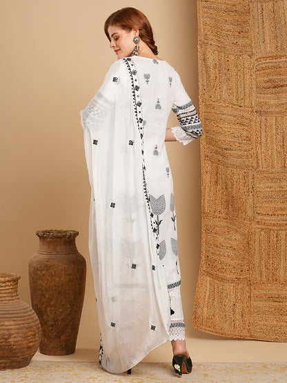 Solid Ethnic Woven & Mirror Embroidered Straight Kurta with Pant & Dupatta - White