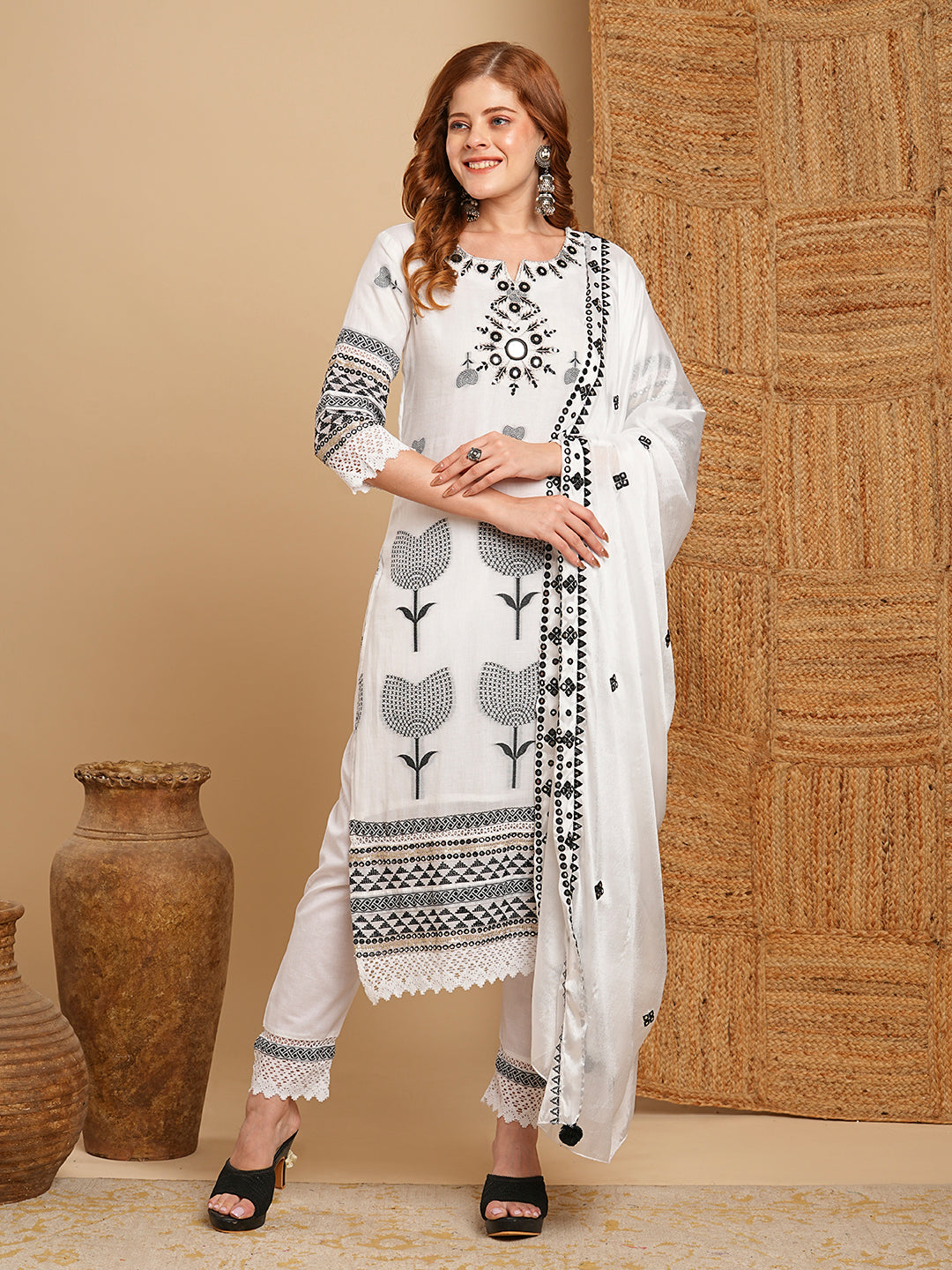 Solid Ethnic Woven & Mirror Embroidered Straight Kurta with Pant & Dupatta - White