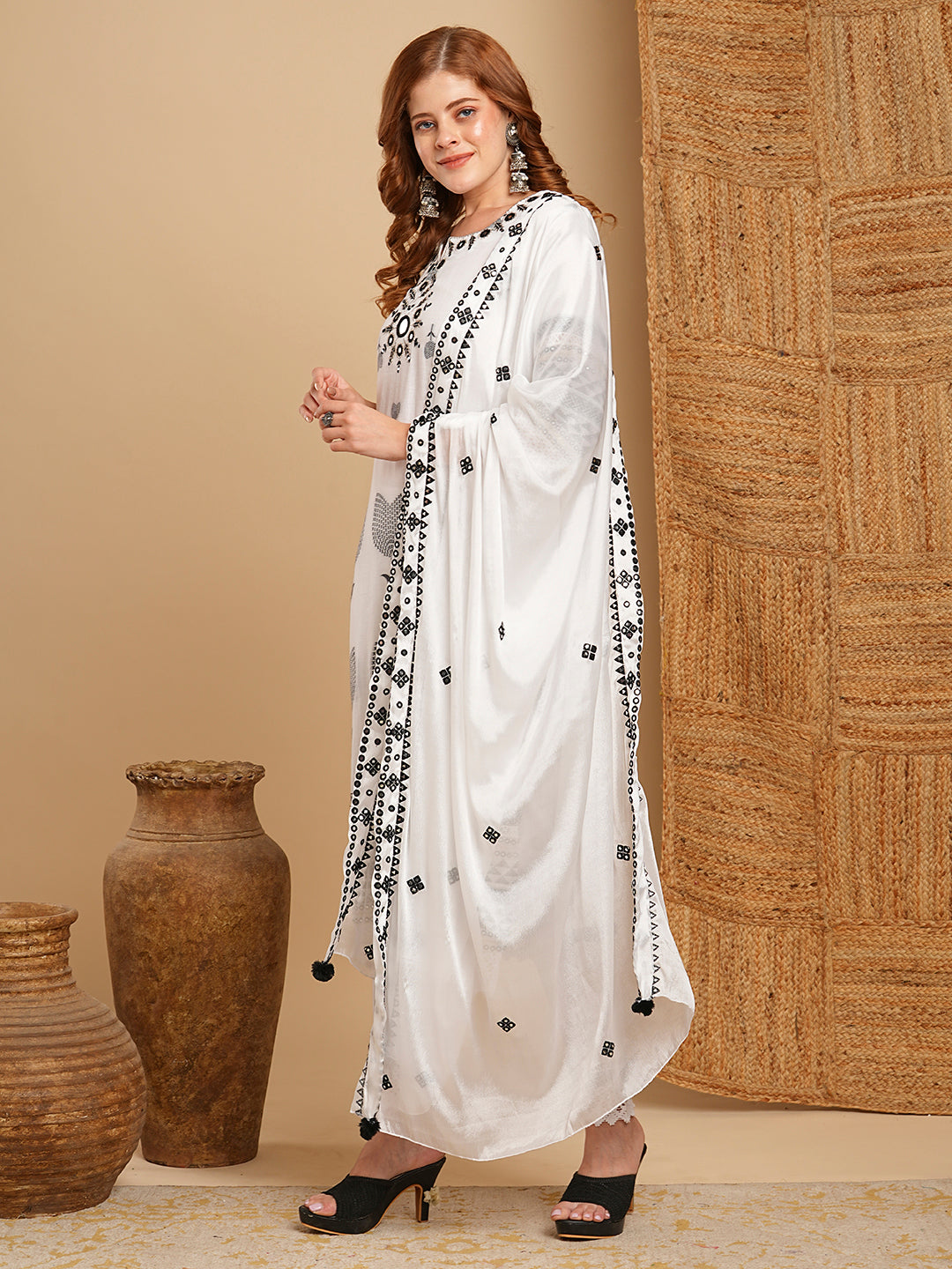 Solid Ethnic Woven & Mirror Embroidered Straight Kurta with Pant & Dupatta - White