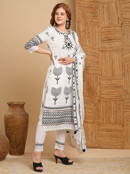 Solid Ethnic Woven & Mirror Embroidered Straight Kurta with Pant & Dupatta - White