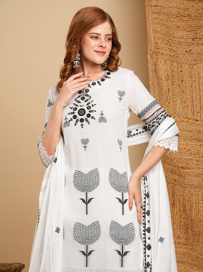 Solid Ethnic Woven & Mirror Embroidered Straight Kurta with Pant & Dupatta - White