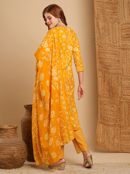 Floral Printed & Embroidered Straight Kurta with Pant & Dupatta - Mustard