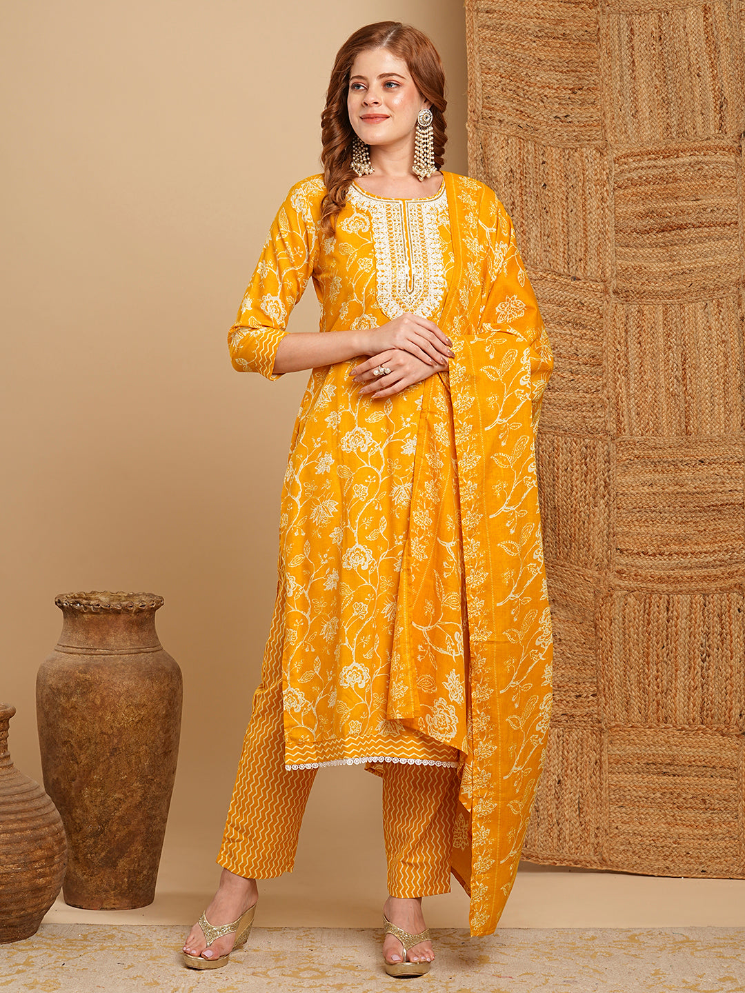 Floral Printed & Embroidered Straight Kurta with Pant & Dupatta - Mustard