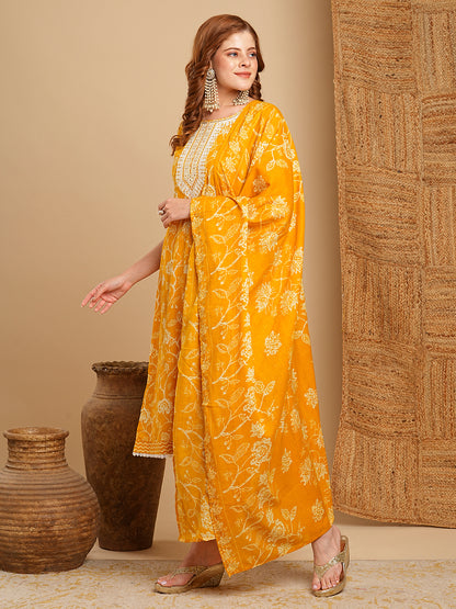 Floral Printed & Embroidered Straight Kurta with Pant & Dupatta - Mustard