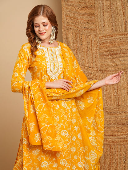 Floral Printed & Embroidered Straight Kurta with Pant & Dupatta - Mustard