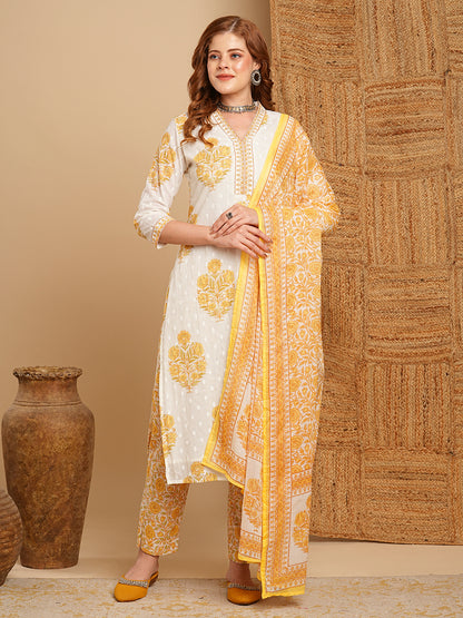 Floral Printed & Embroidered Straight Kurta with Pant & Dupatta - Off White