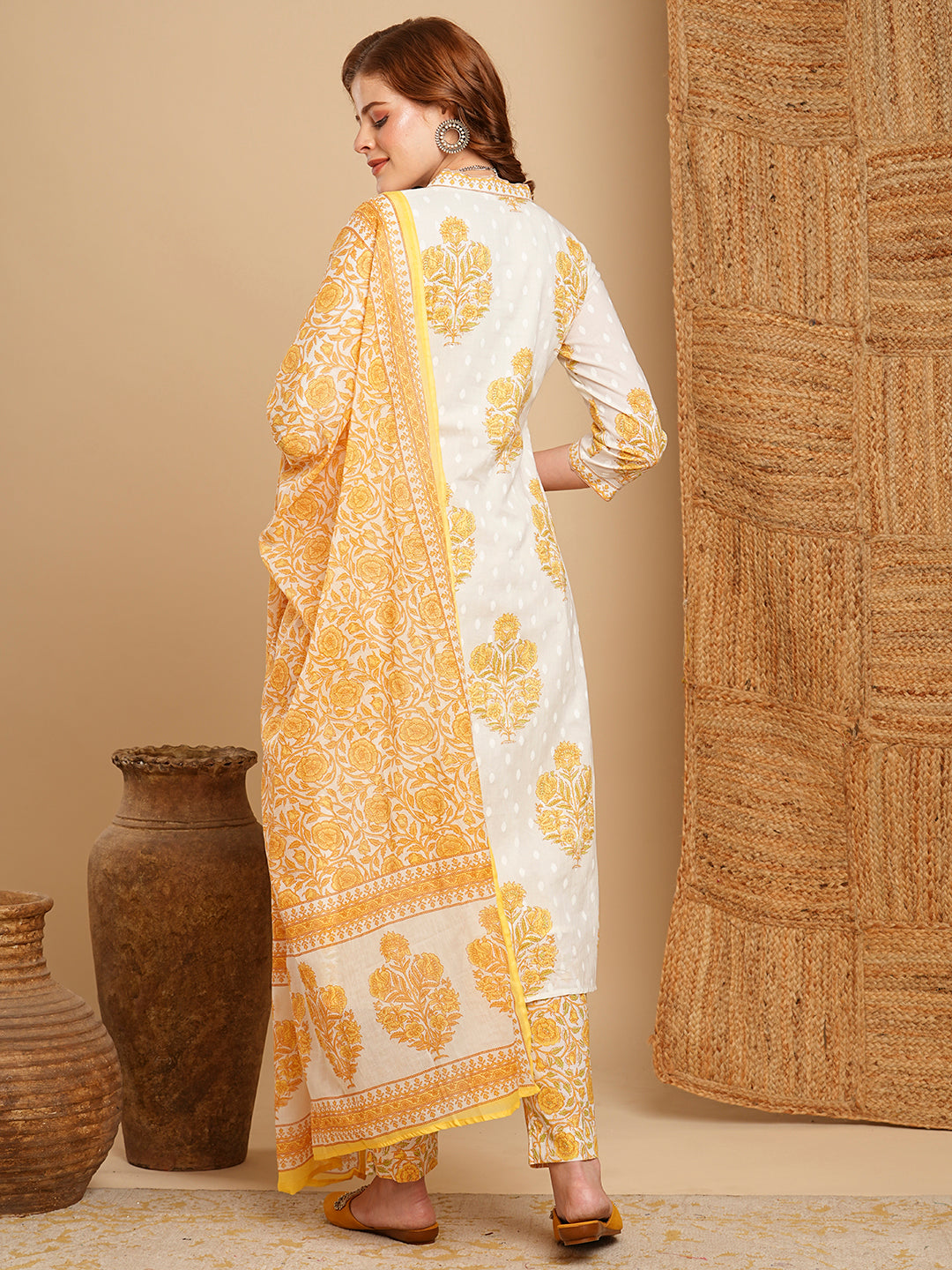 Floral Printed & Embroidered Straight Kurta with Pant & Dupatta - Off White