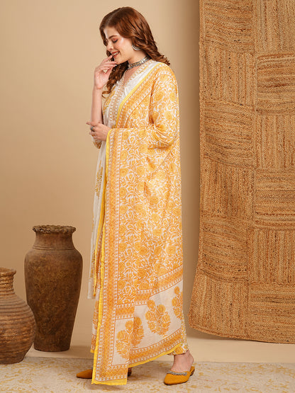 Floral Printed & Embroidered Straight Kurta with Pant & Dupatta - Off White