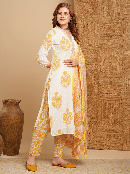 Floral Printed & Embroidered Straight Kurta with Pant & Dupatta - Off White