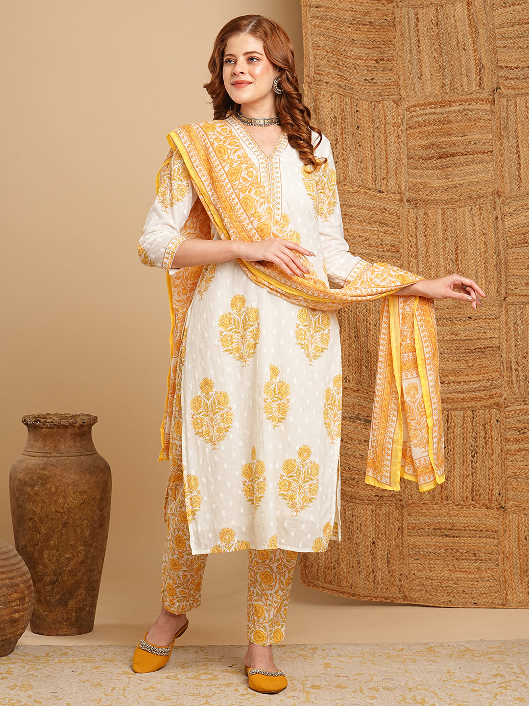 Floral Printed & Embroidered Straight Kurta with Pant & Dupatta - Off White