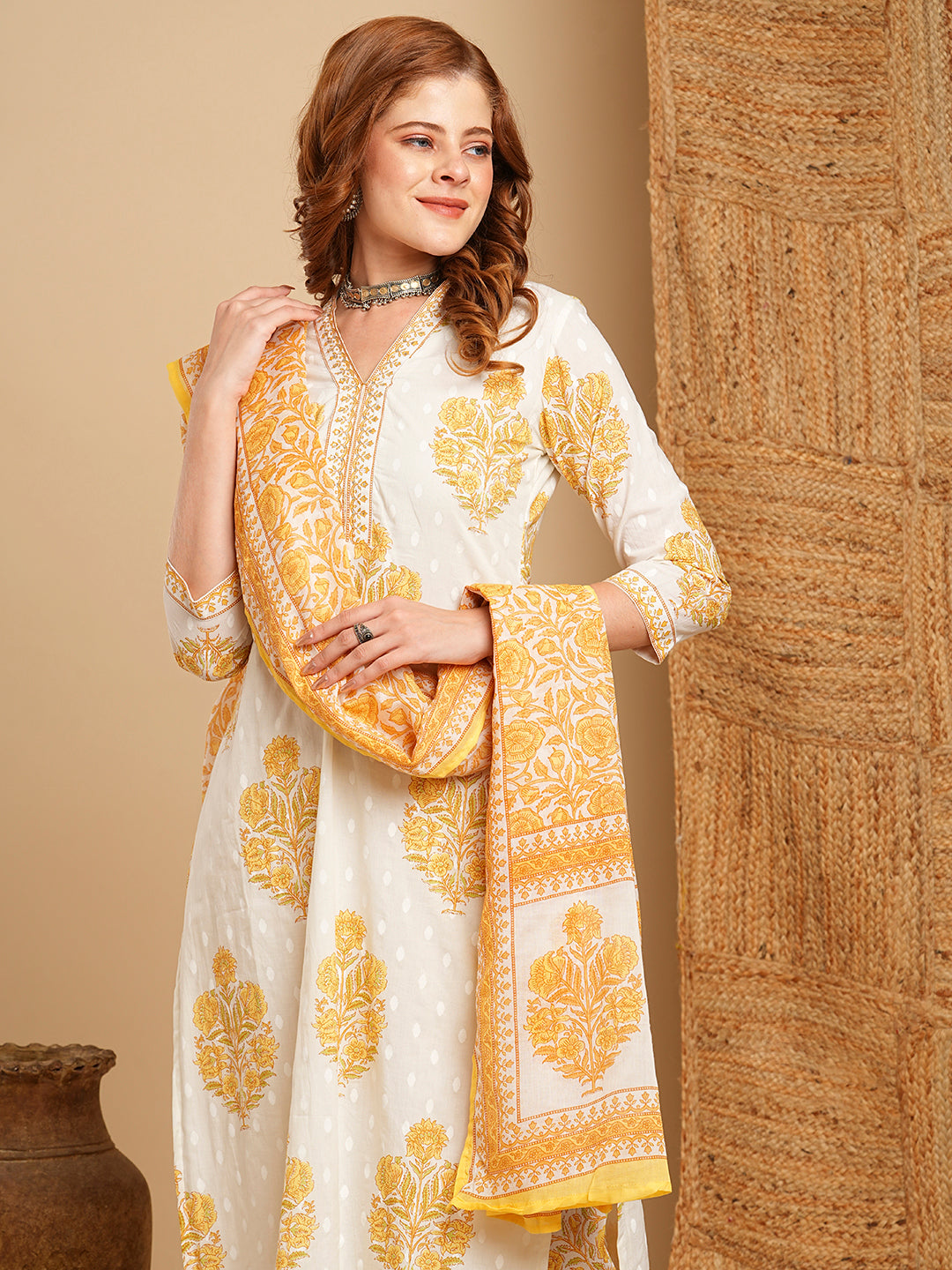 Floral Printed & Embroidered Straight Kurta with Pant & Dupatta - Off White