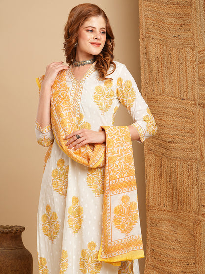 Floral Printed & Embroidered Straight Kurta with Pant & Dupatta - Off White