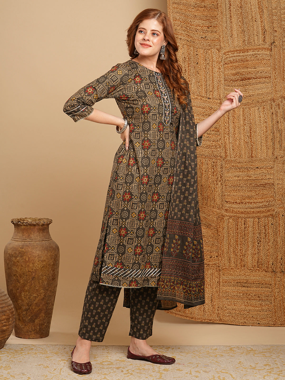 Ethnic Printed & Embroidered Kurta with Pant & Pure Cotton Dupatta - Grey