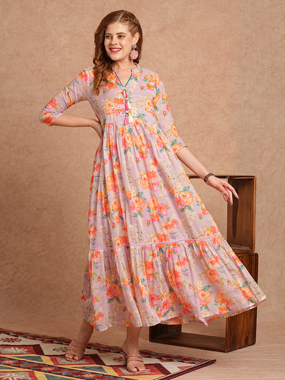 Abstract Floral Printed & Hand Embroidered A-Line Tiered Flared Maxi Dress - Lavender