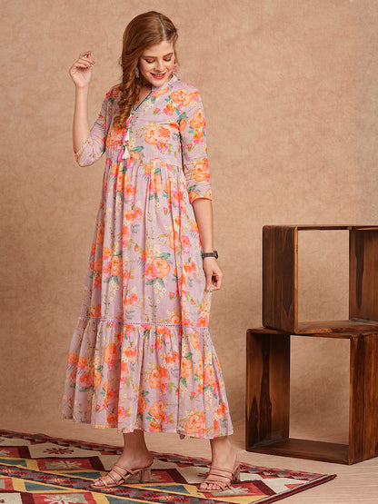 Abstract Floral Printed & Hand Embroidered A-Line Tiered Flared Maxi Dress - Lavender