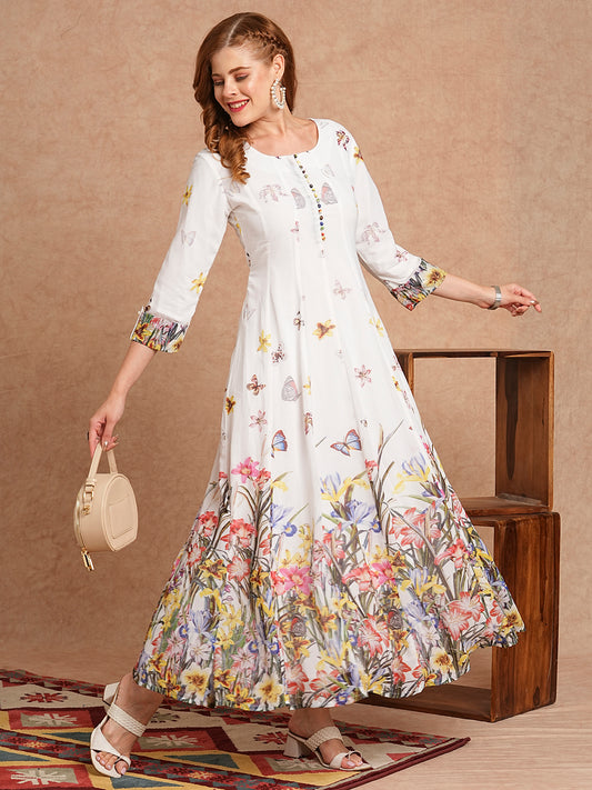 Floral Printed Anarkali Flared Maxi Dress - White