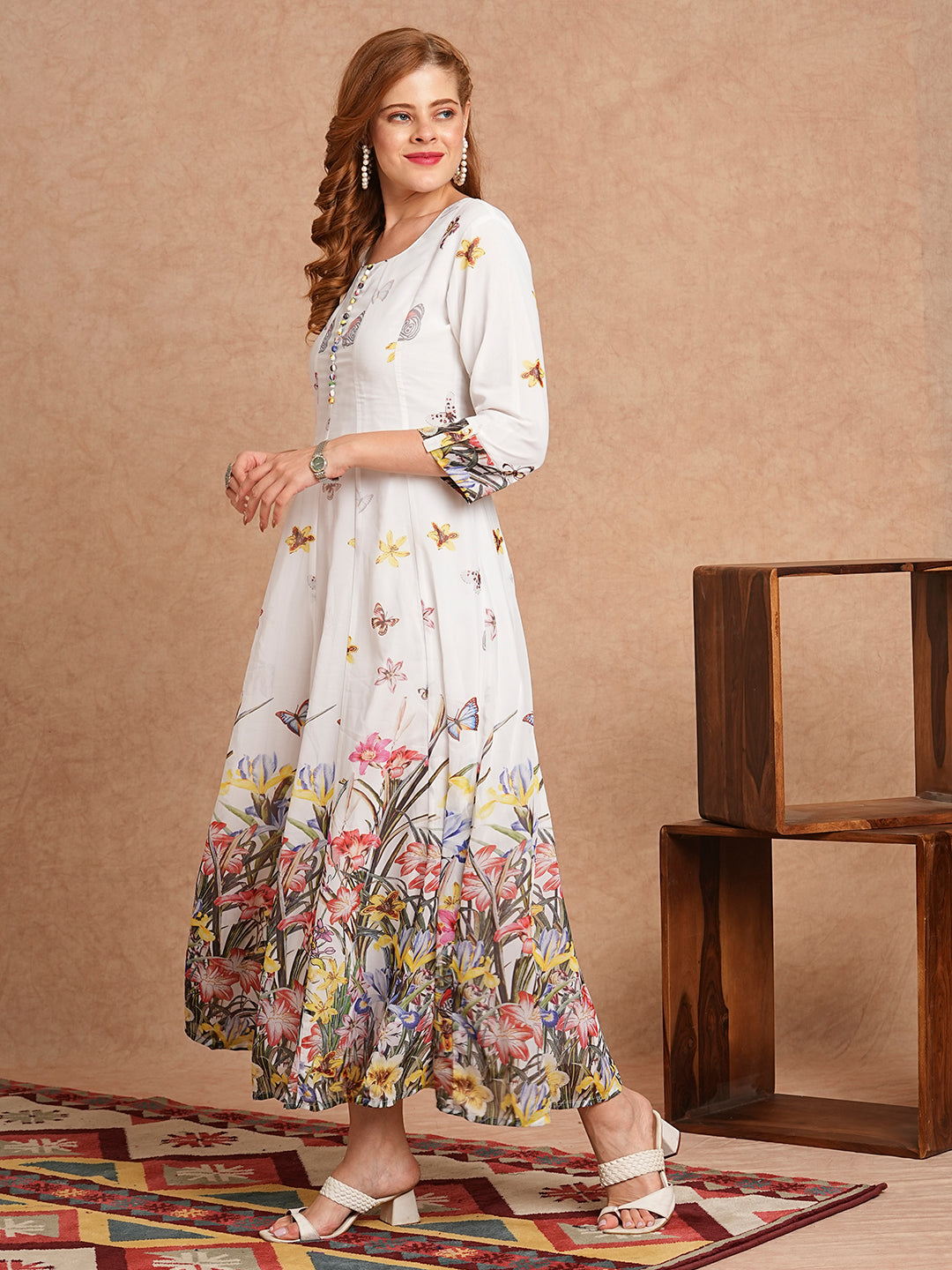 Floral Printed Anarkali Flared Maxi Dress - White