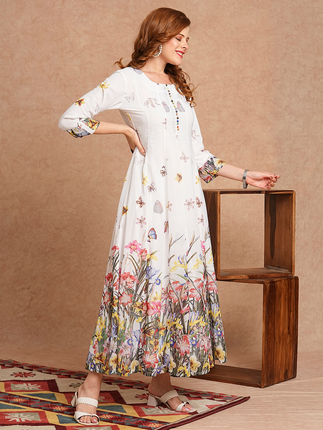 Floral Printed Anarkali Flared Maxi Dress - White