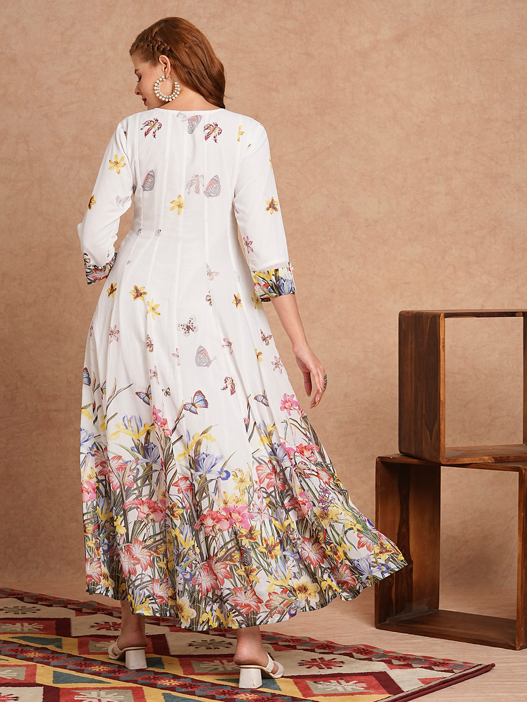 Floral Printed Anarkali Flared Maxi Dress - White