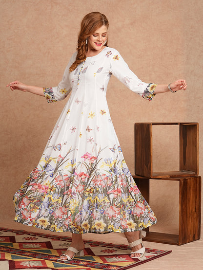 Floral Printed Anarkali Flared Maxi Dress - White