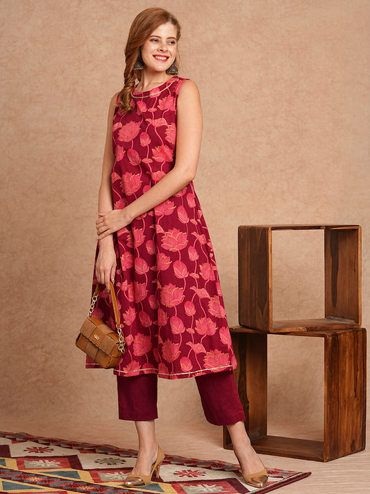 Lotus Floral Foil Printed A-Line Kurta with Pant- Maroon