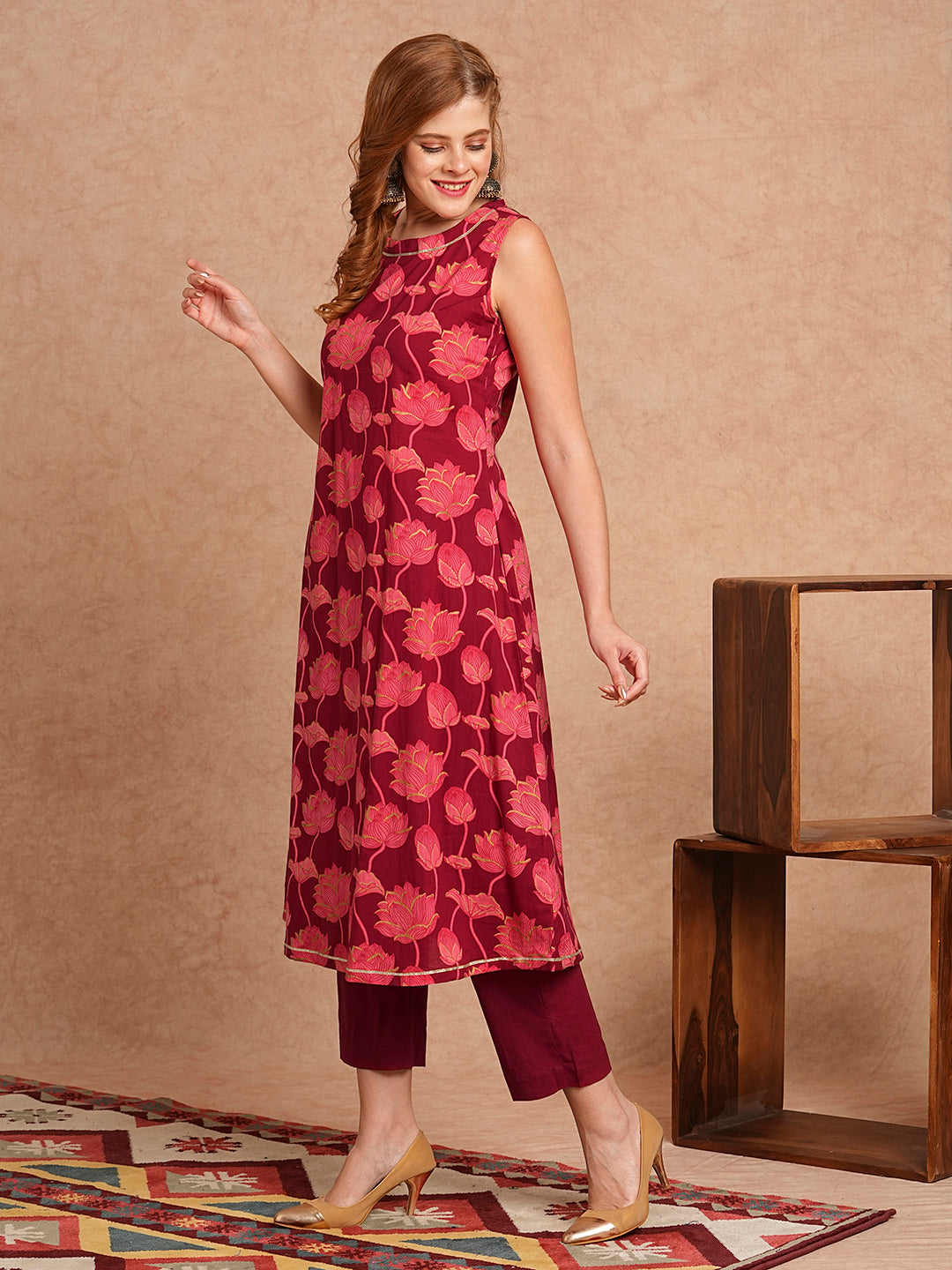 Lotus Floral Foil Printed A-Line Kurta with Pant- Maroon