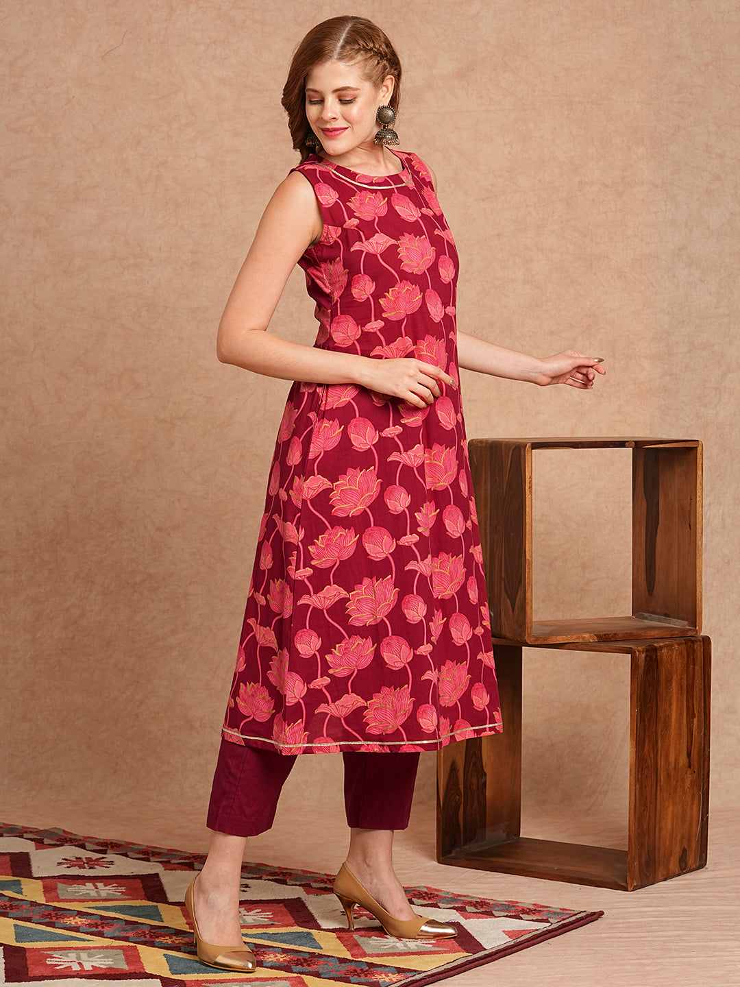 Lotus Floral Foil Printed A-Line Kurta with Pant- Maroon