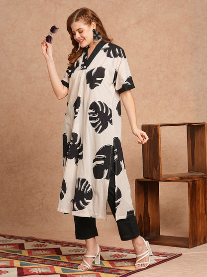 Tropical Leaf Printed Kaftan Style Kurta with Pant - Off White