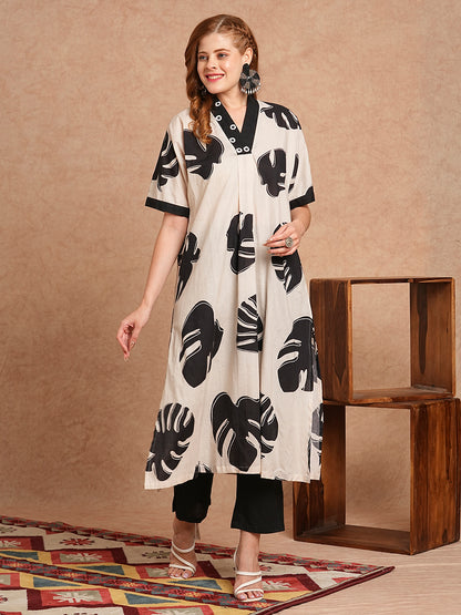 Tropical Leaf Printed Kaftan Style Kurta with Pant - Off White