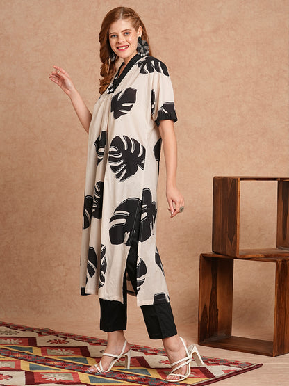 Tropical Leaf Printed Kaftan Style Kurta with Pant - Off White