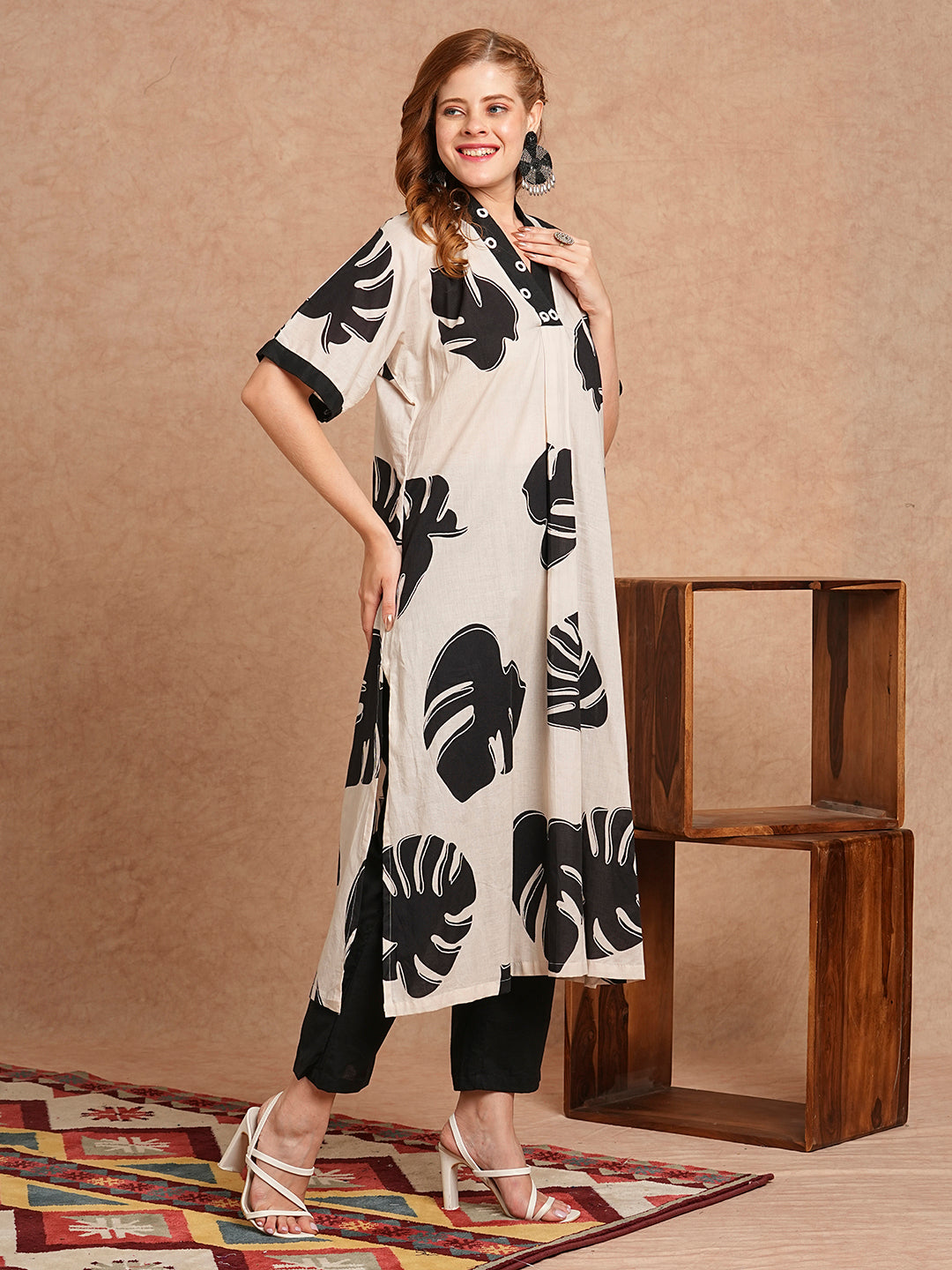 Tropical Leaf Printed Kaftan Style Kurta with Pant - Off White