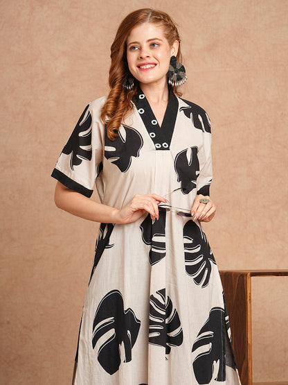 Tropical Leaf Printed Kaftan Style Kurta with Pant - Off White