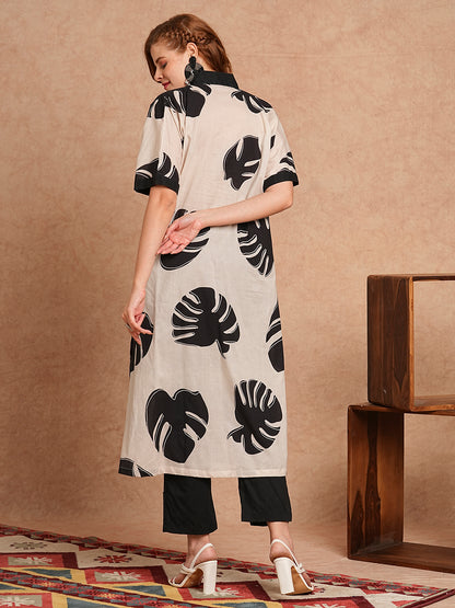 Tropical Leaf Printed Kaftan Style Kurta with Pant - Off White