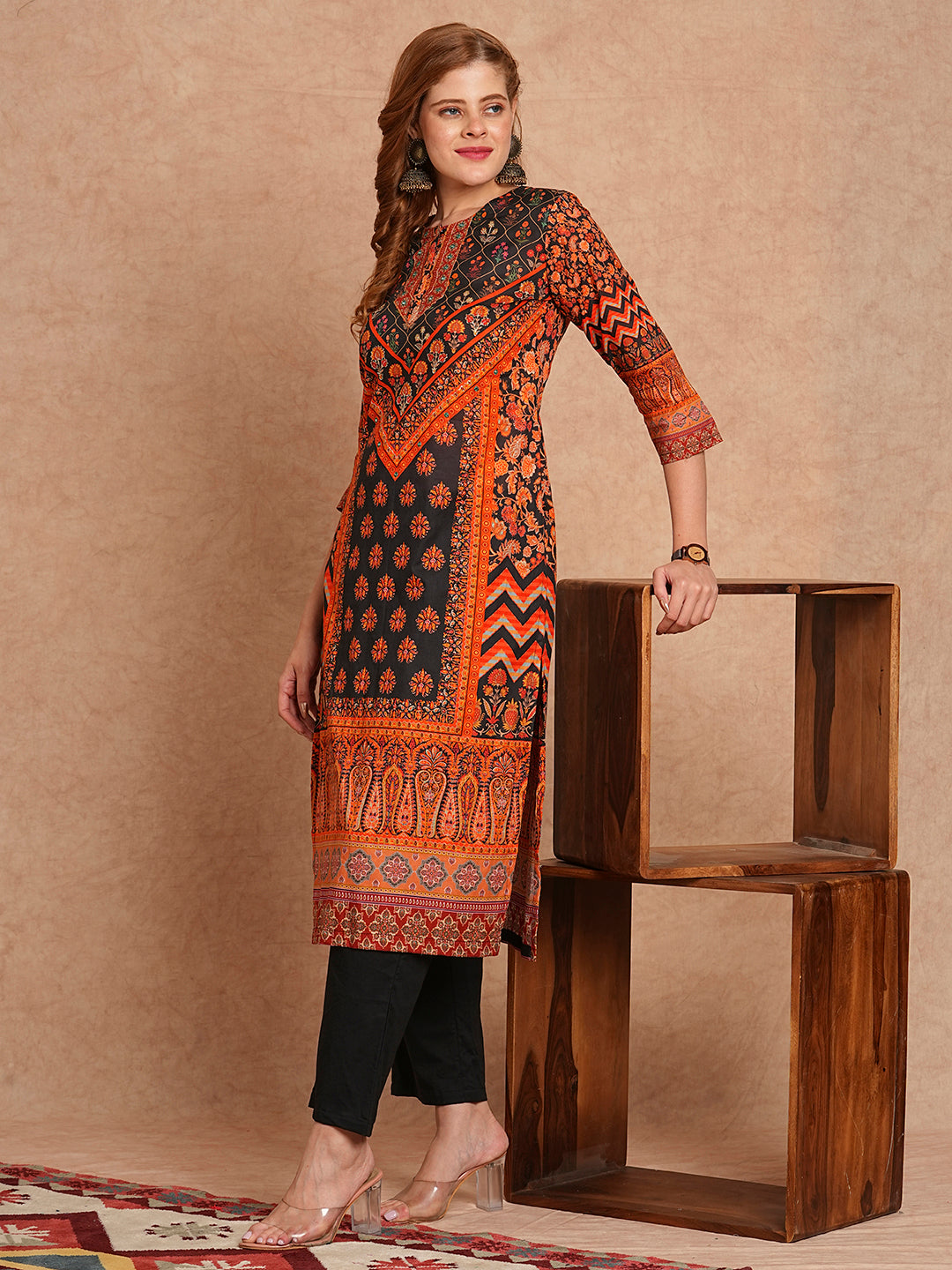 Floral Printed & Embroidered Straight Fit Kurta with Pant - Black