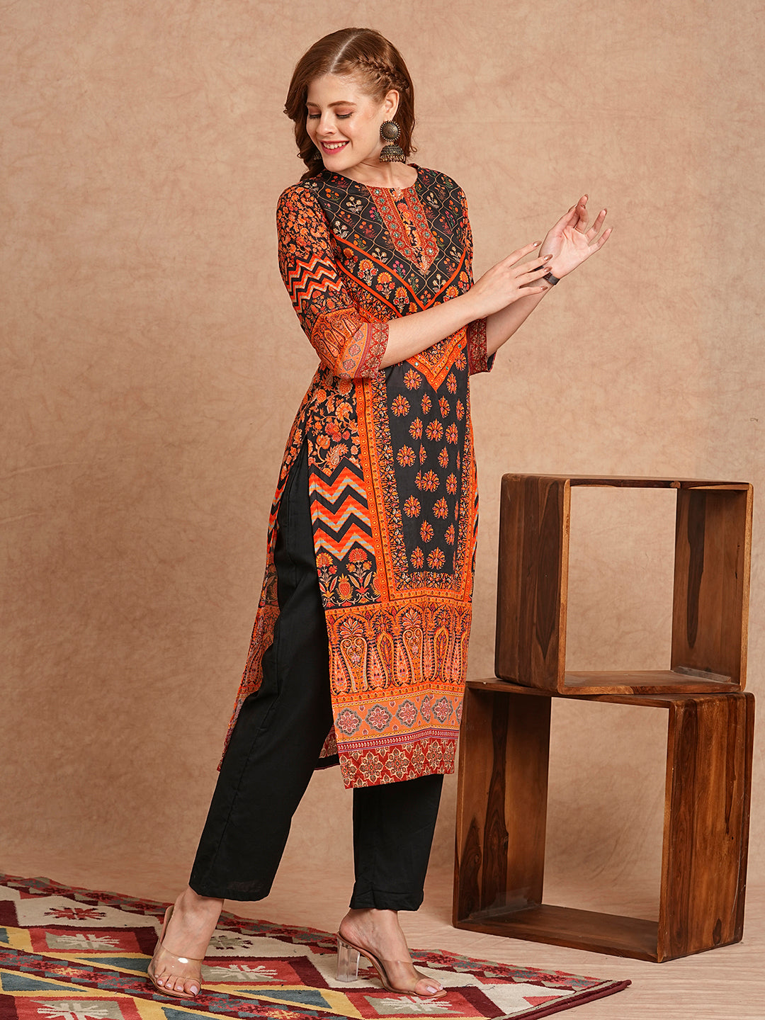 Floral Printed & Embroidered Straight Fit Kurta with Pant - Black