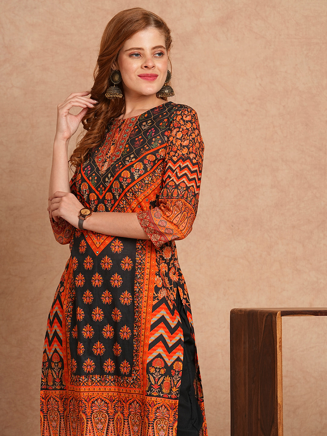 Floral Printed & Embroidered Straight Fit Kurta with Pant - Black