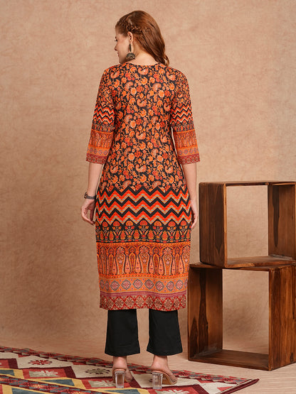 Floral Printed & Embroidered Straight Fit Kurta with Pant - Black