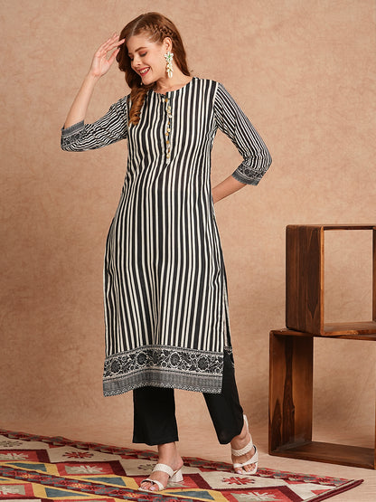 Stripes Printed & Coined Straight Fit Kurta with Solid Pant - Black