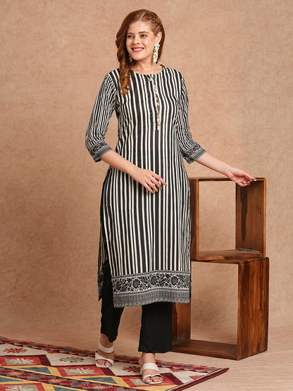 Stripes Printed & Coined Straight Fit Kurta with Solid Pant - Black